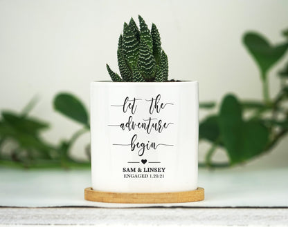 Personalized Planter Engagement Gift - 3" White Ceramic Pot w/ Bamboo Tray- Custom Succulent Pot - Newly Engaged - Let The Adventure Begin