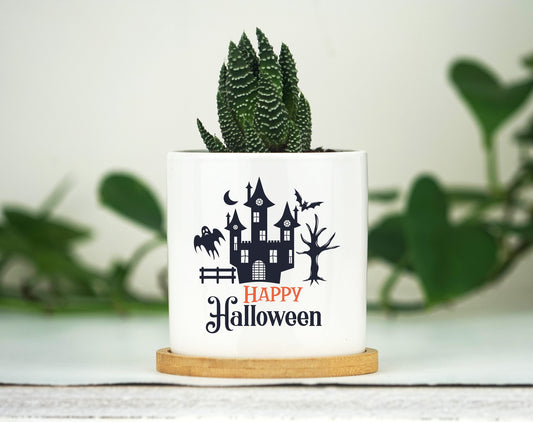 Halloween Home Decor Planter - Mini 3" White Ceramic Pot w/ Bamboo Tray - Halloween  Tier Tray Decor - Autumn Decor - Halloween Gift