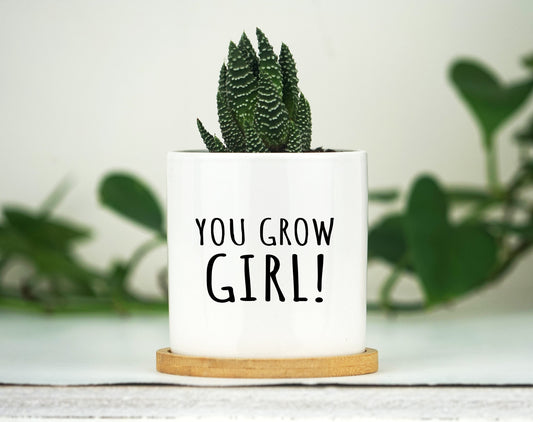 Friendship Gift - Mini "You Grow Girl" Planter - 3" Mini White Ceramic Pot w/ Bamboo Tray - Custom Succulent Pot - Birthday Gift