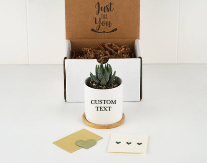 Personalized Planter With Custom Text - 3" Mini White Ceramic Pot w/ Bamboo Tray - Custom Succulent Pot - Any Personalization Availible!