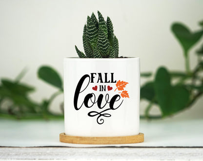 Fall Decor Planter - Mini 3" White Ceramic Pot w/ Bamboo Tray - Fall Decor for Tier Tray - Autumn Decor Gift - Thanksgiving Decor