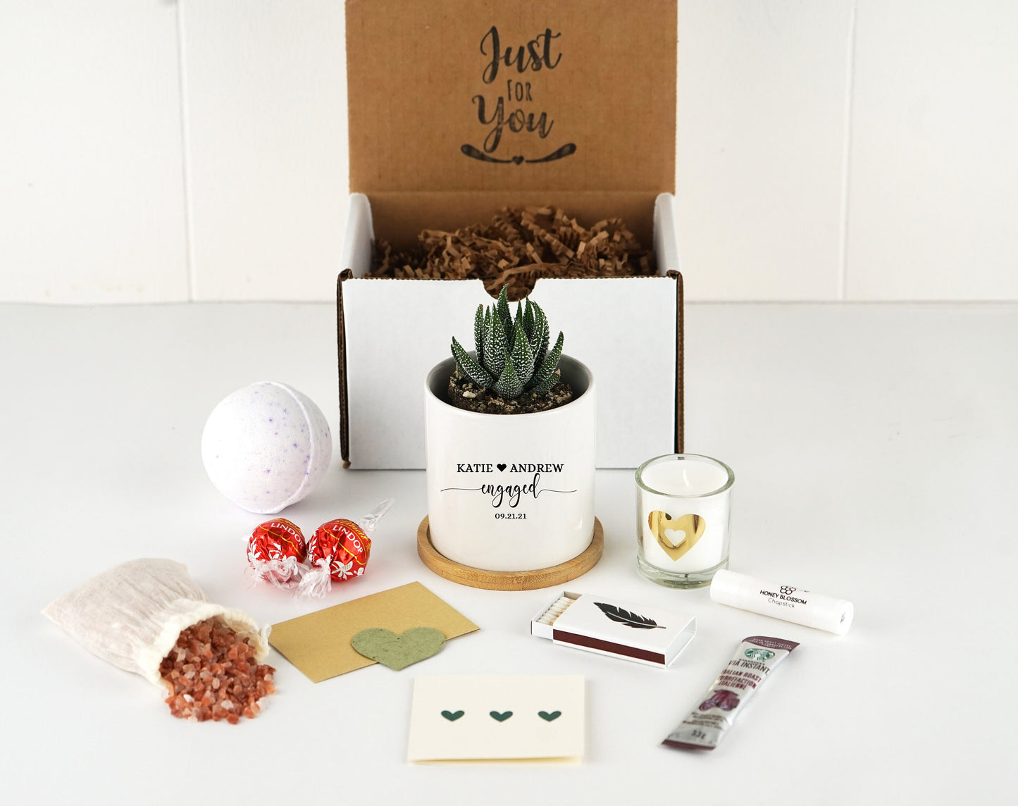 Personalized Engagement Gift - 3" White Ceramic Pot w/ Bamboo Tray - Custom Succulent Pot - Newly Engaged Couple Gift - Wedding Gift Box