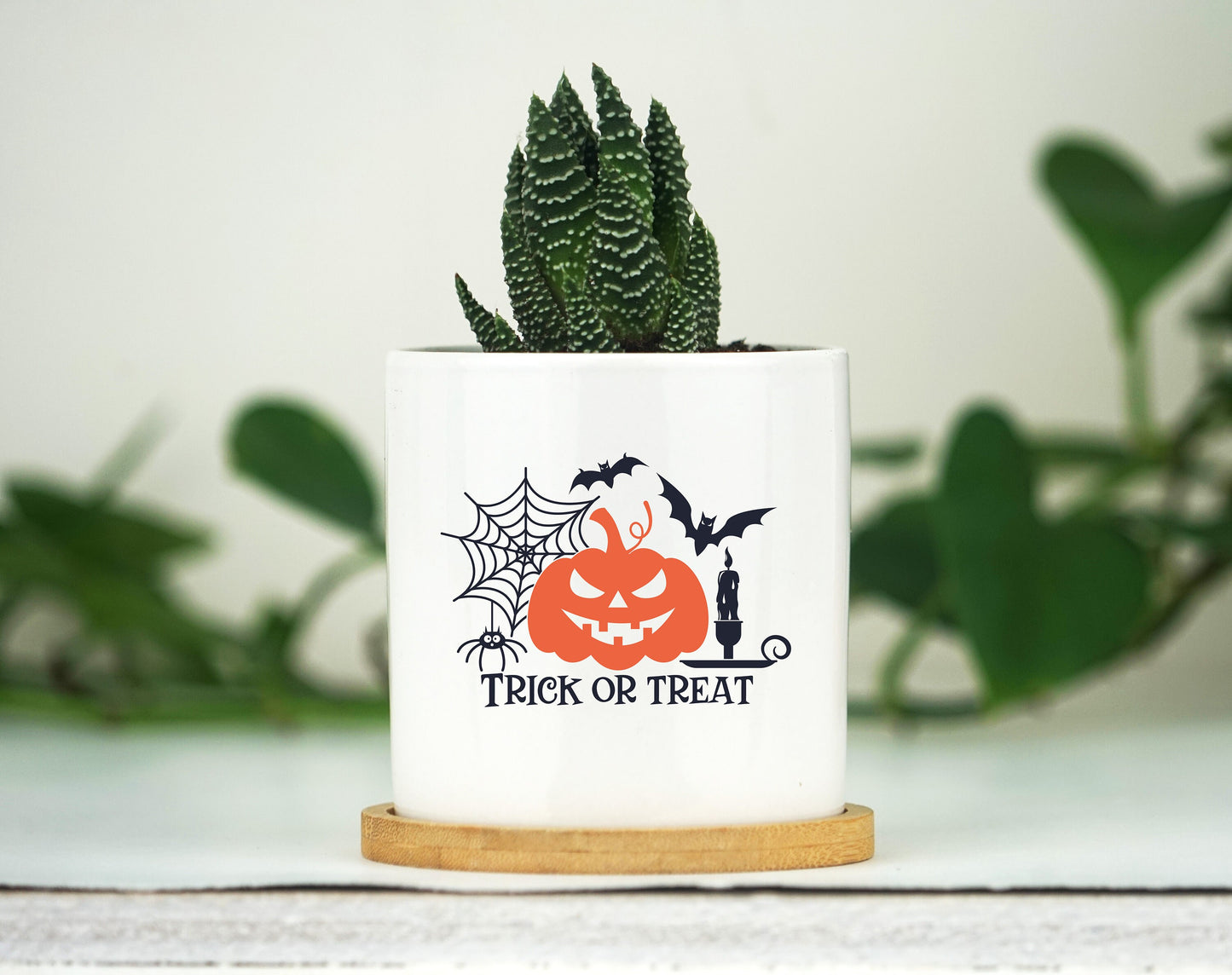 Halloween Home Decor Planter - Mini 3" White Ceramic Pot w/ Bamboo Tray - "Trick or Treat" Halloween Tier Tray Deco - Halloween Decor