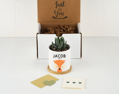 Personalized Baby Name Planter - 3" White Ceramic Pot w/ Bamboo Tray - New Baby Gift - Custom Baby Animal Gift - Kids Name Gift Box - Fox