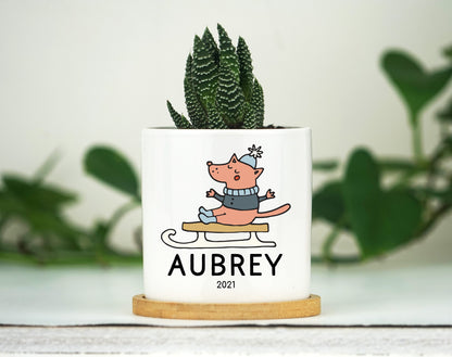 Personalized Christmas Baby Name Planter - 3" White Ceramic Pot w/ Bamboo Tray - New Baby Gift - Kids Name Gift Box - Baby Announcement