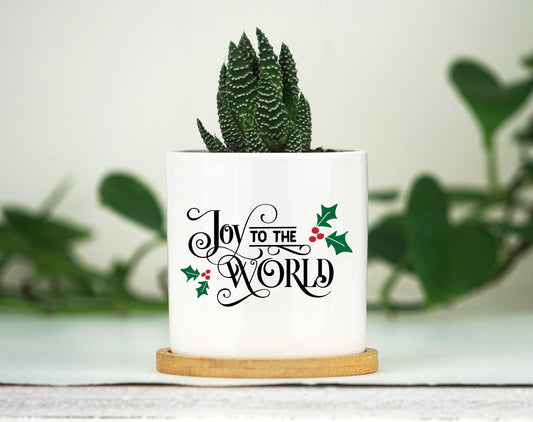 Christmas Decor Joy To The World Planter - 3" White Ceramic Pot w/ Bamboo Tray - Holiday Decor - Christmas Decoration - Home Decor