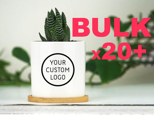 BULK 20+ Corporate Gift - Planter With Custom Business Logo - 3" Mini White Ceramic Pot w/ Bamboo Tray - Company Gift - Co-worker Gift