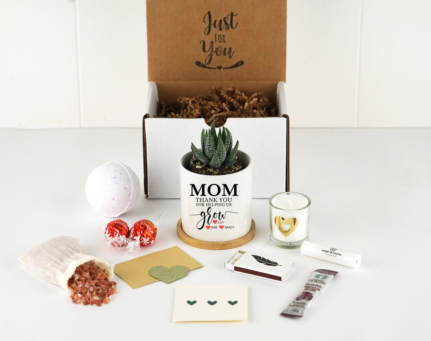 Personalized Mom Gift - 3" White Ceramic Pot w/ Bamboo Tray - Mom Christmas Gift For Her - I Love Mom - Custom Gift For Mom -  Mom Gift box