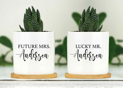Personalized Planter Engagement Gift - Two White Ceramic Pot w/ Bamboo Tray - Future Mrs. - Newly Engaged - Engagement Gift for Couple