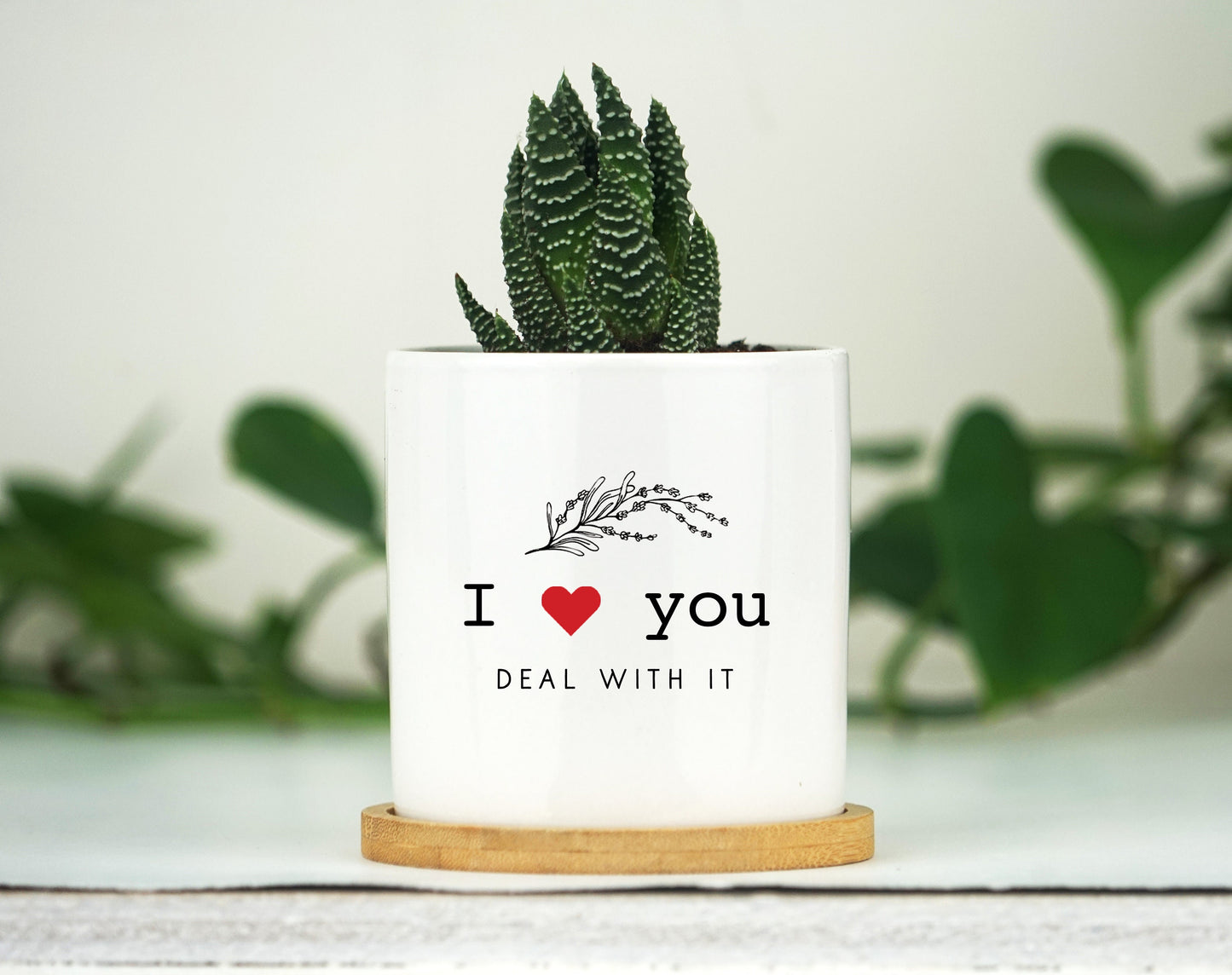 I Love You, Deal With It - Personalized Planter Little Sister Gift - 3" White Ceramic Pot w/ Bamboo Tray, Sister Birthday Gift