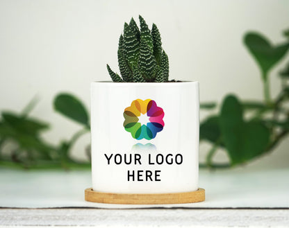 Planter With FULL COLOR Custom Business Logo  - 3 Inch White Ceramic Pot w/ Bamboo Tray - Personalized Corporate Gift - Company Gift