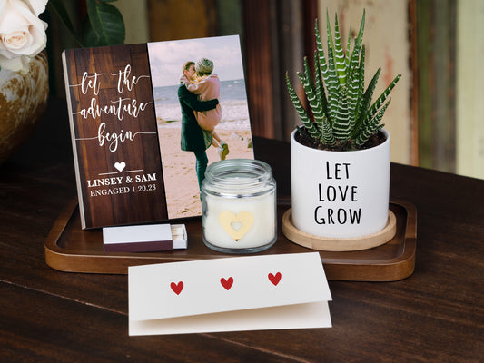 Personalized Engagement Gift - Photo Block + Planter + Tray - Custom Engagement Gift Box For Couple Gift, Gift for Newly Engaged