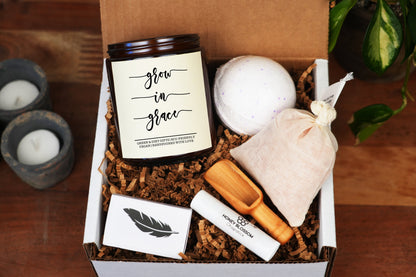 Grow In Grace Self Care Gift box -9oz Candle -Self Care Gift Box, Care Package For Her, Gift Baskets for Women, Faith Gift Basket, Self Care