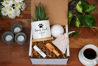 Spa Gift Box - Personalized Dog Memorial Gift Planter - 3" White Ceramic Pot w/ Bamboo Tray - "Forever Loved" - Pet Memorial
