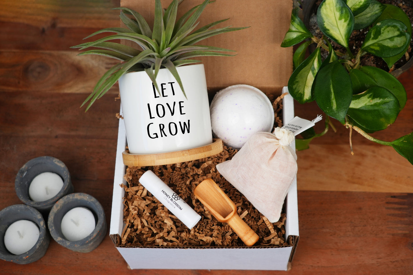 Spa Gift Box - Birthday Gift - 3" White Ceramic Pot w/ Tray, Personalized Planter, Wedding Anniversary Gift, Let Love Grow, Gift For Her