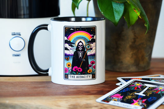 The Audacity Tarot Card Mug - 11oz Black Mug - Spa Gift Box, Wife Gift Idea, Dumped Gift, Cyberpunk Tarot, Witch mug, Witchy Gifts