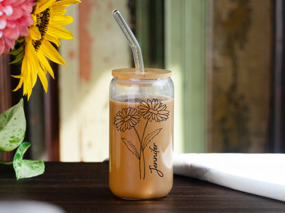 Personalized Birth Flower Coffee Cup With Name - Glass Tumbler 16oz w Bamboo Lid + Straw