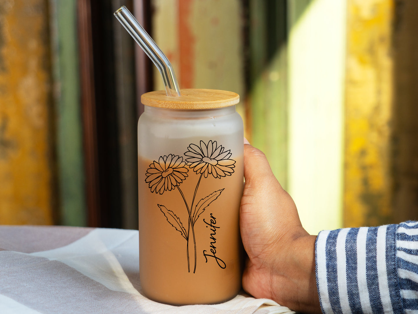 Personalized Birth Flower Coffee Cup With Name - Glass Tumbler 16oz w Bamboo Lid + Straw