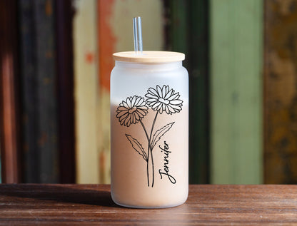 Personalized Birth Flower Coffee Cup With Name - Glass Tumbler 16oz w Bamboo Lid + Straw